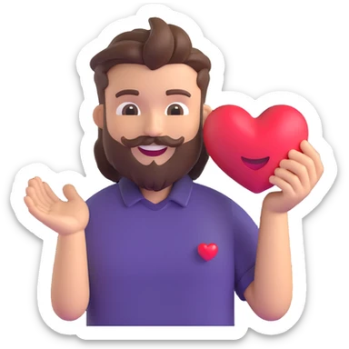 Create a 3D emoji style sticker of the character holding a red heart in both hands in front of him, with a light smile on his face. The character should resemble the reference image with a similar hairstyle, beard, and shirt. The overall look should be friendly and warm. sticker