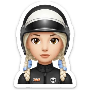 woman with white braided hair in black racer helmet sticker