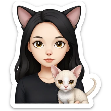 a  girl with black long hair with a white devon rex with black shirt sticker