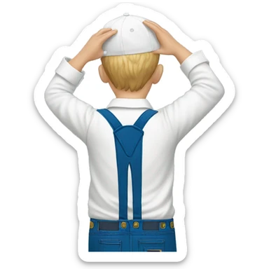 white shirt from behind, boy pointing up, blue overalls sticker