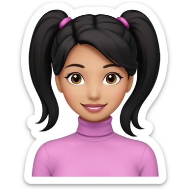 a woman with long sleeve turtle neck top and smile, her hair is long black pony tail, her eyes color are black and the color of her lip is soft pink sticker