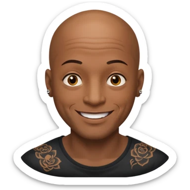 This is a cartoon-style avatar of a bald man with dark skin, golden-brown eyes, and several tattoos on his face, smiling with a friendly expression. sticker