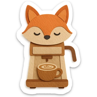 cute fox-shaped coffee maker holding a small latte cup, soft brown and beige colors, full-body sticker