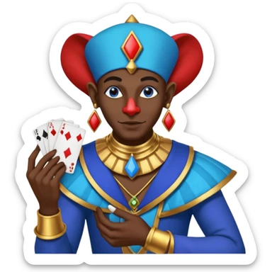 crazy colorful egyptian anubi jolly joker from poker, medieval, vintage, court jester, mac os icon, blue color, holds a single poker card on the right paw sticker