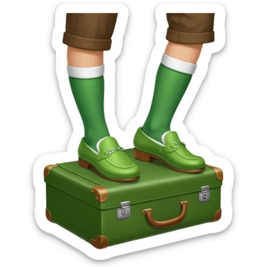 Feet with white socks wearing green slippers standing on a briefcase sticker