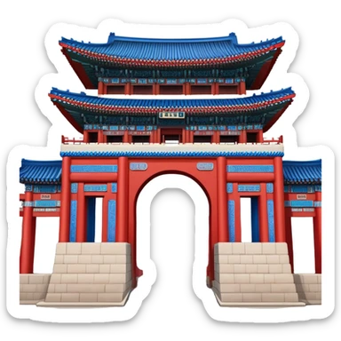 ​Cinematic Realistic Gwanghwamun Gate, depicted as a majestic historic gateway with traditional Korean architectural details, vibrant red and blue accents, and intricate carvings, set against a backdrop of modern Seoul under dynamic, natural lighting that highlights its timeless grandeur, sticker