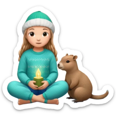 A cute 11-year-old girl with light brown braids in front, wearing emerald green cozy sweater and blue pajama pants, sitting with a fluffy capybara wearing a tiny knitted hat, warm pastel illustration style, soft lighting, Moscow Kremlin spire visible through window in background, 3D render sticker
