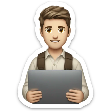 A young Caucasian male with brown hair and brown eyes, sporting a stylish Scandinavian mid-split haircut. Holding a laptop. sticker