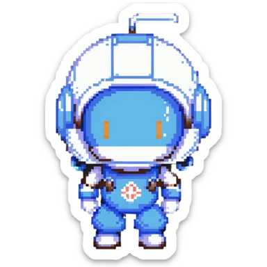 Classic bomberman character, blue and white colors, round helmet with antenna, cute pixel art style sticker