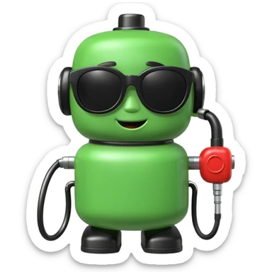 A cute 3D icon of a green gas pump character wearing oversized black sunglasses. Round and chubby proportions, glossy toy-like texture, soft pastel lighting, friendly expression, smooth edges, high-quality render, isolated on a transparent background. sticker