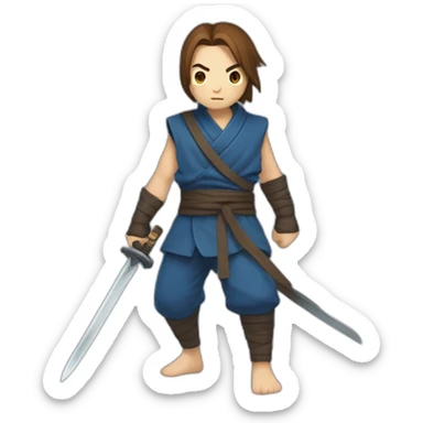 ninja,barefoot,blue-sleeveless-outfit,brown-hair,running,2d-platformer,slashing-sword sticker