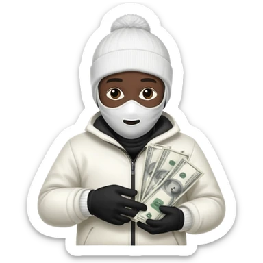 Ski mask holding money bag with black skin color white sticker