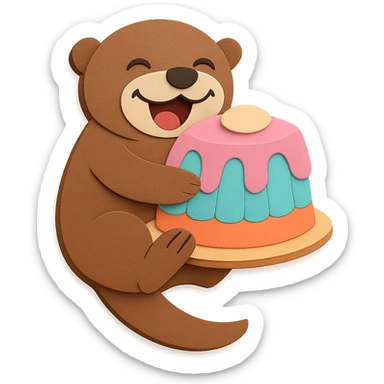 Amend the pink color layer of the cake to be visually good looking and well shaped, and ensure there are no imperfections on the otter's tummy and the pink color layer of the cake. Keep all other design elements unchanged, maintain transparent background. sticker