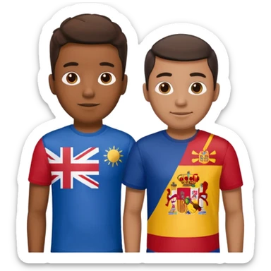 2 male Best buds , one in showing Philipine flag tshirt, one is Spain, in UK flag background sticker