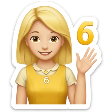 yellow smiling face girl with one hand flat under chin. With the number 6 on the left hand and the number 7 on the right hand sticker