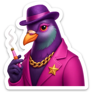 Make the pigeon more fabulous with a stylish hat, keep the cigarette, add vibrant and glamorous details in a 3D emoji style. sticker