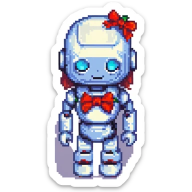 portrait of a cute female recruiter robot, 8-bit pixel art style, metallic, with a bow accessory sticker