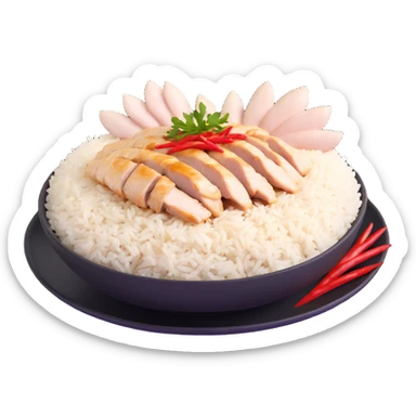 Singapore chicken rice with sliced poached chicken, fragrant rice, and chili sauce sticker