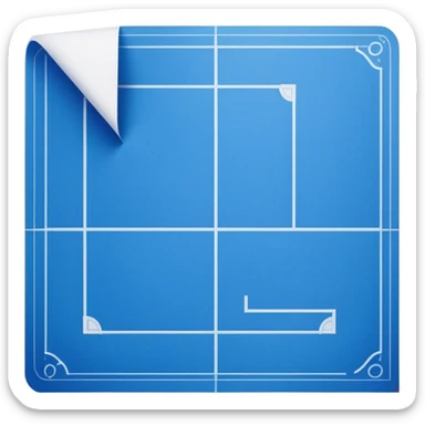 side view of a blue blueprint plan with white lines and a curled corner sticker