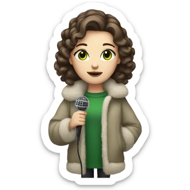 girl with white skin short brown hair and green eyes holding a microphone wearing a fluffy coat sticker