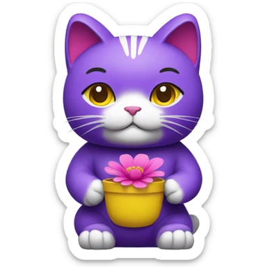 Purple maneki neko in a yellow T-shirt with a pink flower on his head sticker