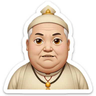 fat temple priest with a scary look and a closed, troubled smile, subtle temple background sticker