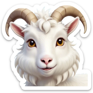Cinematic Cute White Goat Portrait Emoji, Head tilted playfully and inquisitively, featuring a fluffy, immaculate white fur with charming curved horns, round, sparkling eyes filled with gentle curiosity, Simplified yet irresistibly adorable features, highly detailed, glowing with a warm, friendly glow, high shine, affectionate and lively, stylized with a touch of whimsical charm, bright and endearing, soft glowing outline, capturing the essence of a mischievous yet loving goat, so playful it feels like it could trot out of the screen and into your arms! sticker