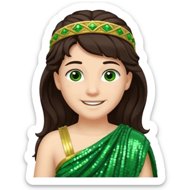 Juno from Roman Deities with long dark brown hair, green sequin toga sticker