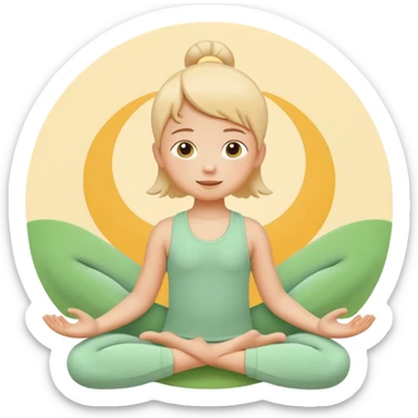 Flat illustration emoji of a small child practicing yoga, simple pose, calm and happy expression, soft pastel colors (yellow, green, soft orange), rounded shapes, minimal details, child-friendly, gentle and warm style, vector illustration, no background, cohesive style with kindergarten branding sticker