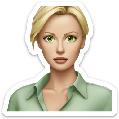ultra realistic charlize theron green eyes wearing shirt sticker