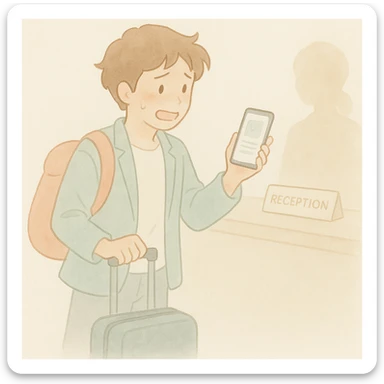 Create an illustration of a person with an excited, slightly nervous expression standing at a hotel reception desk, holding their luggage and a booking confirmation on their phone. The style should be soft watercolor with pastel colors, delicate linework, a gentle, whimsical mood, anime-inspired features, and minimal, soft shading. Maintain the original watercolor art style and mood. sticker