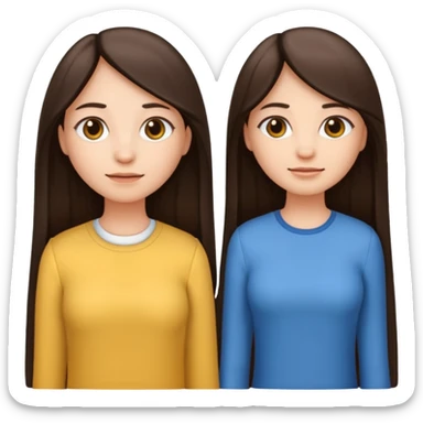 generate me emojis of sisters, one should look older, the other younger. the older one has dark brown hair, long, straight, the younger one is slightly lighter, also straight, long. clothes are any in principle, the main thing is that they more or less look like each other sticker