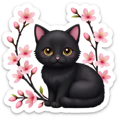 A cute  little  black cat and peach blossom sticker