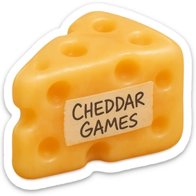 Place the tape with 'Cheddar Games' in messy Sharpie handwriting in the center of the cheese wedge. Make the cheese look soft, almost like a gummy bear, with more rounded edges and a translucent, glowing appearance. Keep the Swiss-style holes. Render in a hyper-realistic, retro 90's toy plastic texture with soft reflections, soft and squishy feel, some cloudiness, not shiny, highly detailed, and appealing. No background. Extremely high quality. sticker