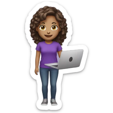 light skin girl long dark brown hairs with laptop, purple t-shirt sticker