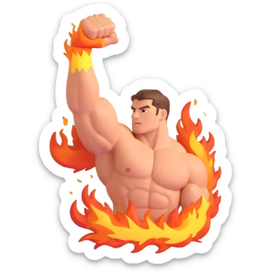 a strong arm flexing with flames and sparks bursting around it, vibrant and eye-catching sticker