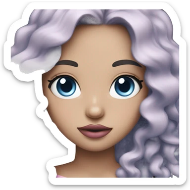 Cut girl with long wavy black and blue hair, blue eyes, pale sin, pink lips, blush. sticker