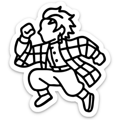 Tanjiro Kamado from Demon Slayer, outlined icon style, simple lines, dynamic pose, green and black checkered haori, hanafuda earrings sticker