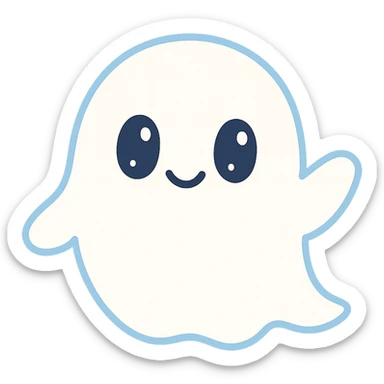 cute ghost with a friendly expression, floating, simple style, white with soft blue shadows sticker