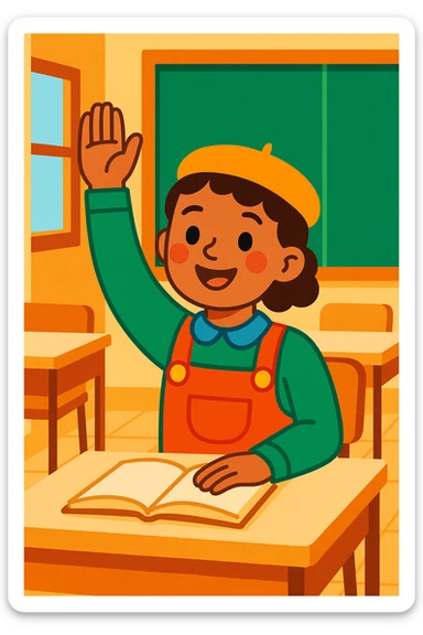 a child raising their hand politely, etiquette theme, vibrant toon style sticker