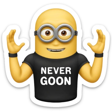 A buff minion wearing a black t shirt top with the words “never GOON” on the shirts chest area sticker