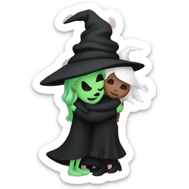 Witch dressed in black with green skin hugging pink dressed white witch sticker
