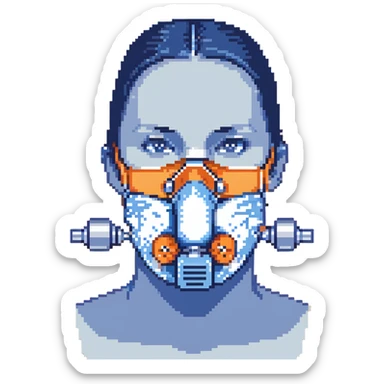 Pixelated blue VO2 max face mask with breathing tubes and valves, no person sticker