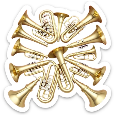 Create a festive and elegant emoji collage featuring a bouquet or fan of brass instrument bells (trumpets, saxophones, trombones, etc.) arranged in a radiant, symmetrical pattern. The instruments should have polished, golden and silver finishes, with their large, shiny bells forming a beautiful, fan-like display. Include a flowing ribbon of musical notes swirling through the center, conveying movement and melody. The background should feature a deep red velvet texture, adding a touch of luxury and sophistication. The overall composition should be balanced, with an elegant and regal feel, with a transparent background to keep focus on the instruments and musical elements. sticker