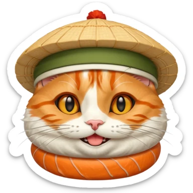 happy cat wearing a hat made only out of sushi sticker