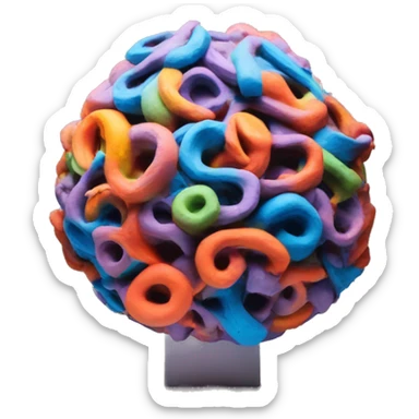 a colorful abstract sculpture made with modeling clay on top of a white plinth sticker