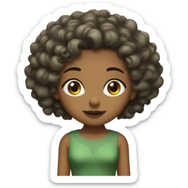 A 5'2ft girl with Features of Ghazala brow short curly hair and wear a long green dress sticker