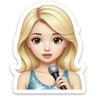 Blonde female pop star with microphone and sparkles, inspired by Sabrina Carpenter sticker