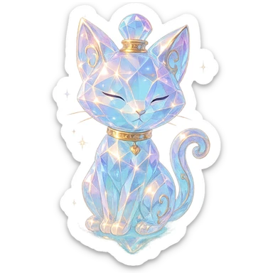 luxurious crystal elixir bottle in the shape of a kitten, pastel gradient, lots of glowing highlights, edges, ornaments, golden details, magical effects, very small golden collar, transparent background, beautiful merging base, clearly hanging in the air, no base or shadow, premium class impression, playful and interesting design, fitting a collection of crystal, luxurious, magical bottles sticker