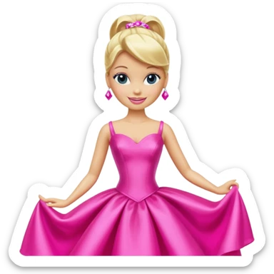 En klassisk blond modedukke med høj hestehale, iført en glamourøs hot pink aftenkjole, skinnende plastik-tekstur, smilende, ikonisk legetøjs-æstetik. sticker